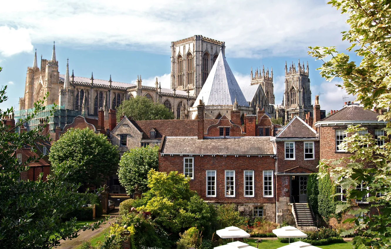 Photo wallpaper greens, summer, the sun, trees, castle, England, tower, home