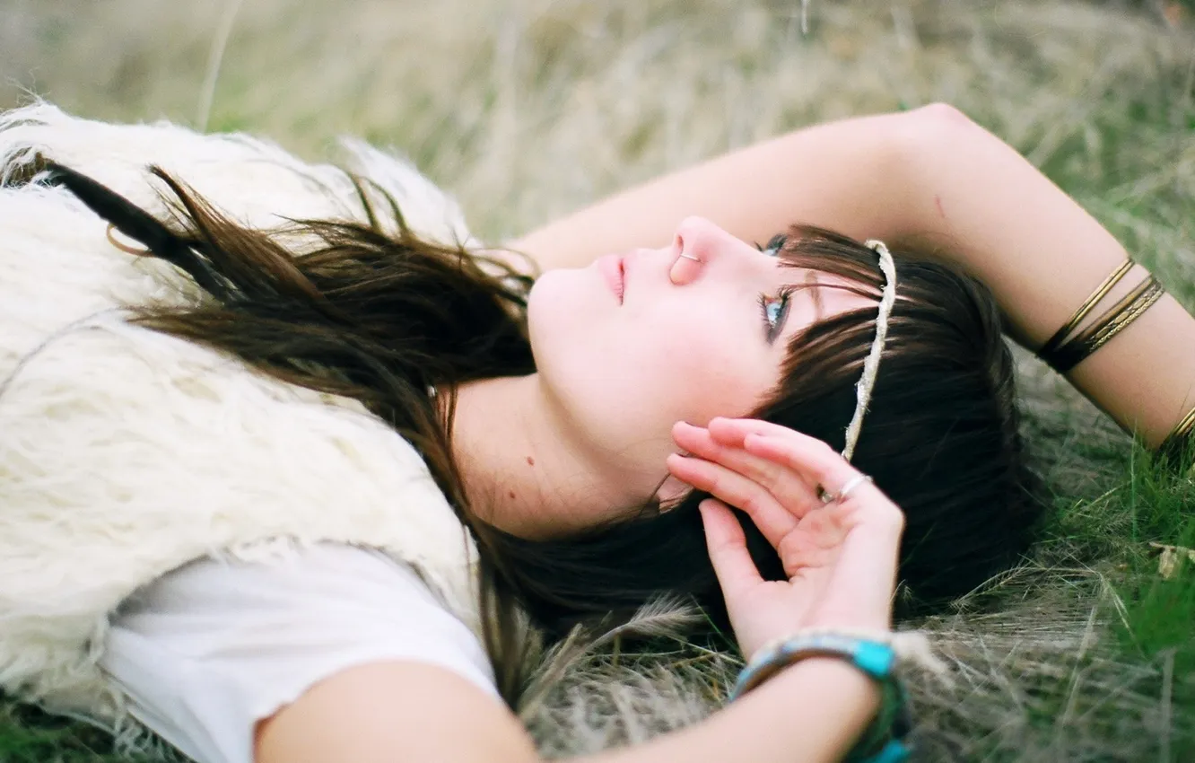 Photo wallpaper grass, look, girl, stay, brunette