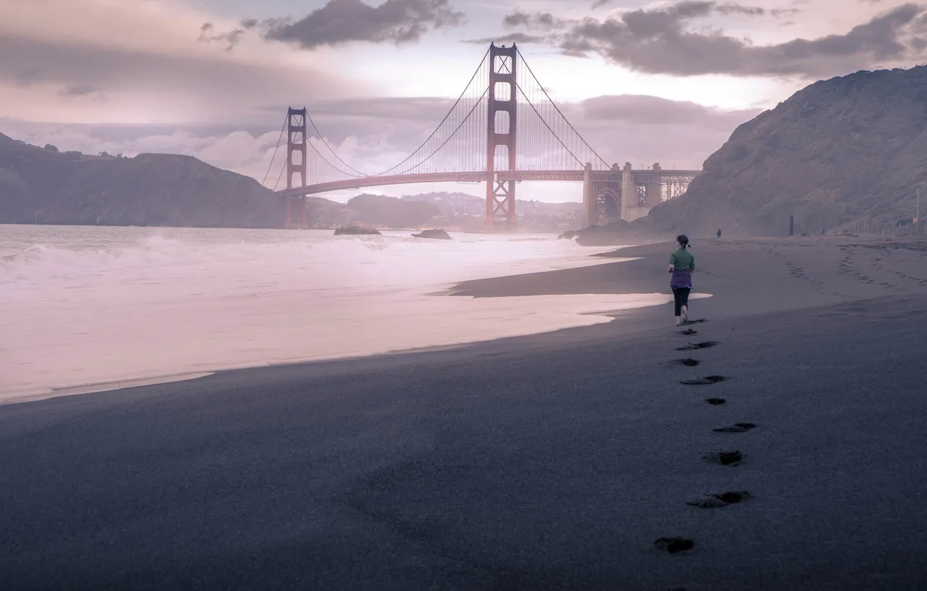 Photo wallpaper beach, mountains, bridge, Strait, morning