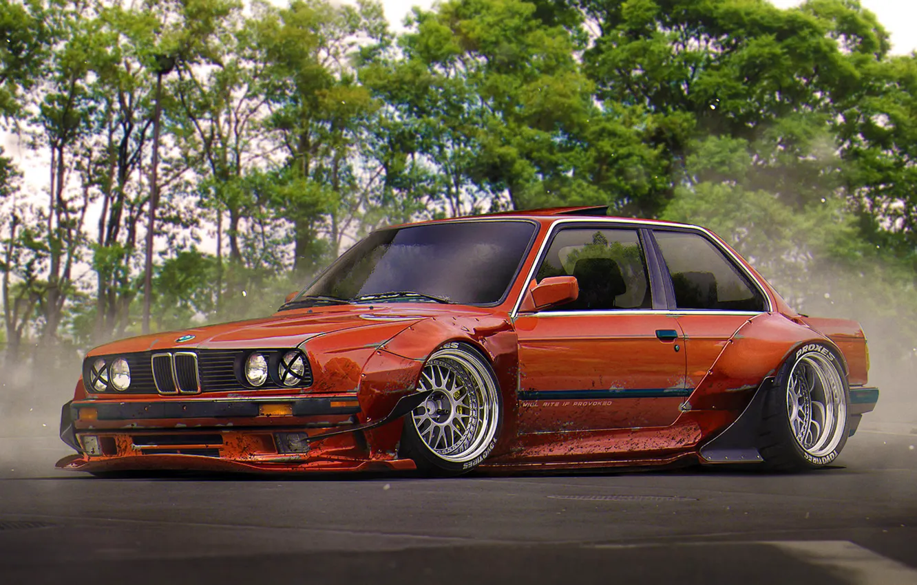Photo wallpaper BMW, Red, Tuning, Future, E30, Stance, by Khyzyl Saleem