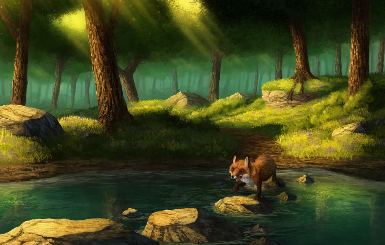 Photo wallpaper forest, lake, Fox, by CreeperMan0508
