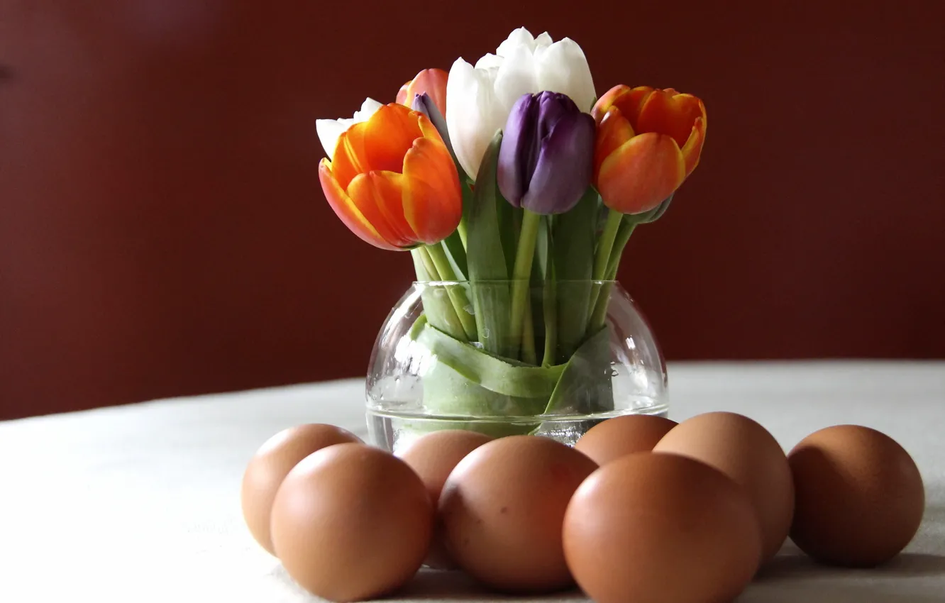 Photo wallpaper flowers, tulips, eggs