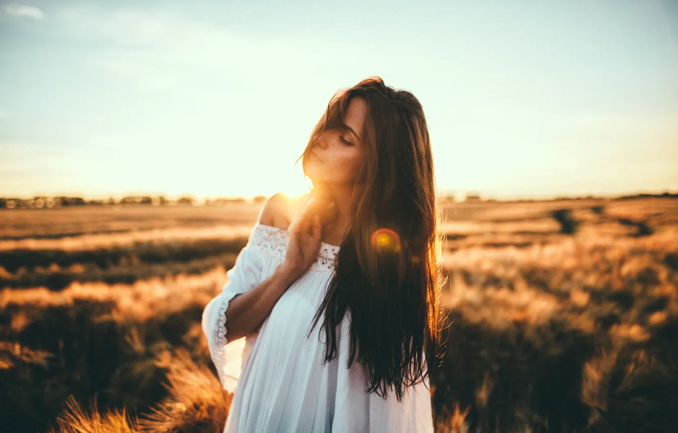 Photo wallpaper the sky, grass, girl, the sun, dress, brunette, is, in white