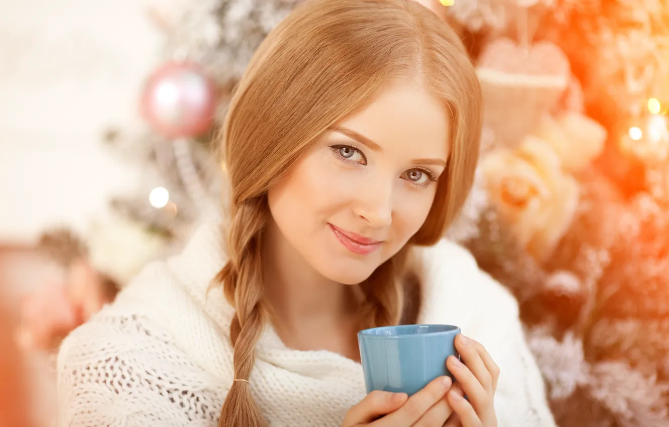 Photo wallpaper look, girl, smile, heat, blonde, Cup, braid, gray-eyed