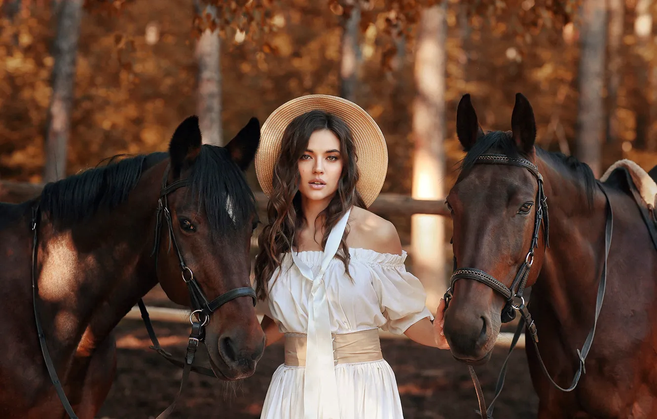 Photo wallpaper look, trees, pose, model, horse, portrait, hat, makeup