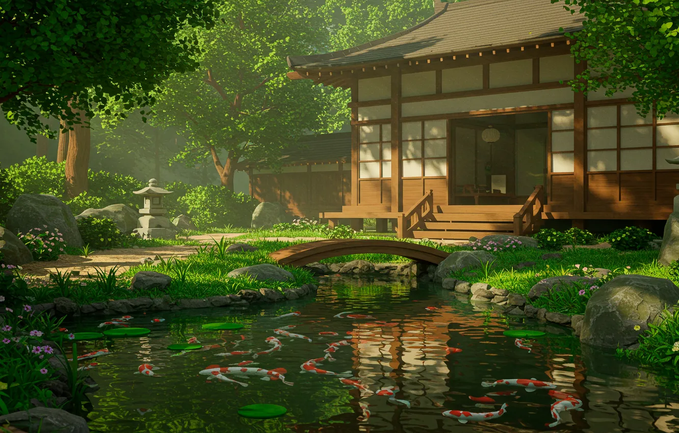 Photo wallpaper bridge, house, style, river, Wallpaper, figure, view, Japan