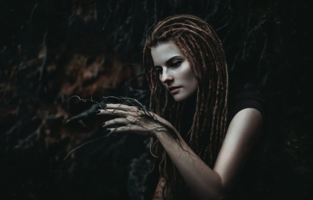 Photo wallpaper look, girl, branches, style, the dark background, portrait, hands, cosplay