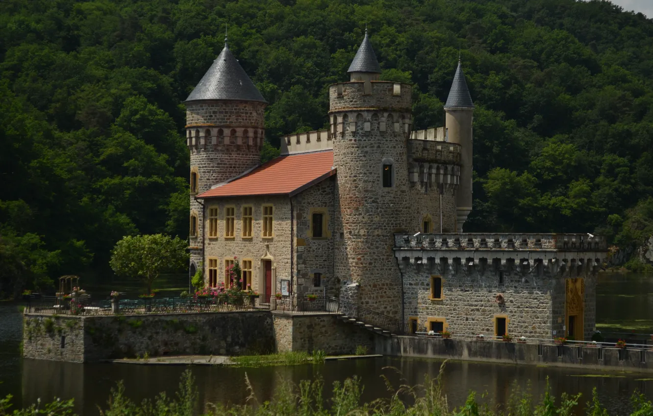 Photo wallpaper lake, castle, France, France, lake, castle, Chateau de La Roche, Saint-Priest-La-Roche