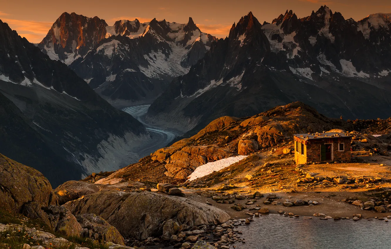 Photo wallpaper mountains, rocks, Alps, hut