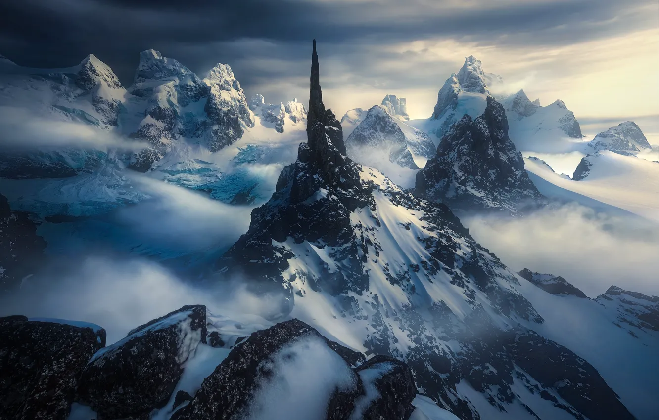Photo wallpaper ice, winter, snow, mountains, rocks, tops, height