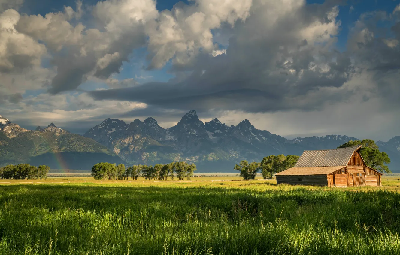 Photo wallpaper greens, field, summer, the sky, grass, clouds, landscape, mountains