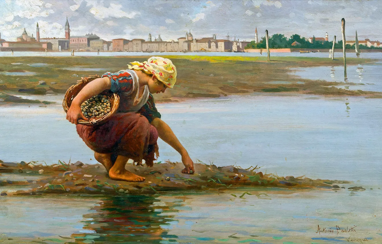 Photo wallpaper water, girl, basket, picture, shell, Italian painter, Antonio Ermolao Paoletti, Antonio Paoletti