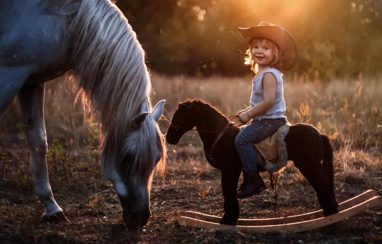 Photo wallpaper horse, horse, hat, boy, rider, rocking, horse
