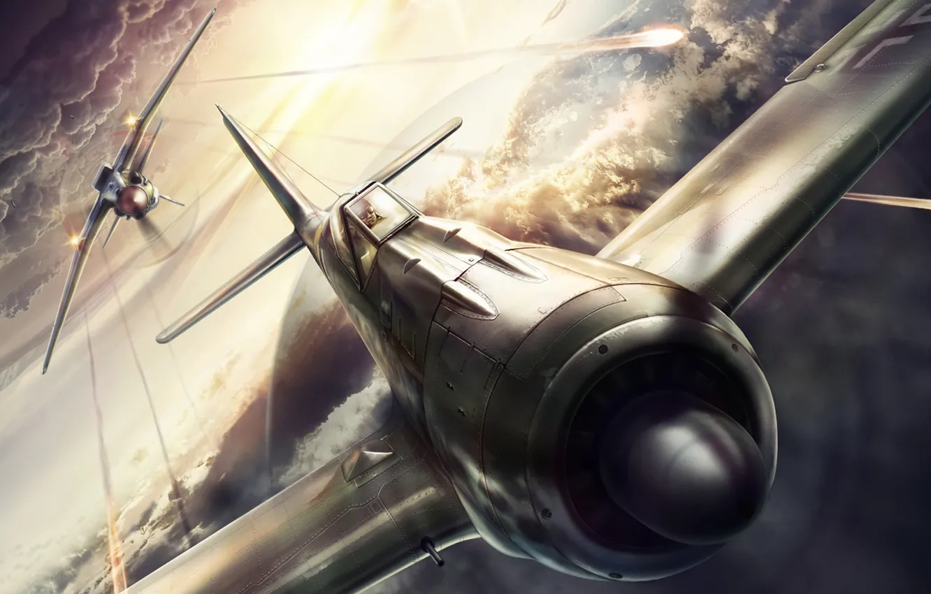 Photo wallpaper design, the plane, attack, figure, fighter, battle, the fire, the second world war