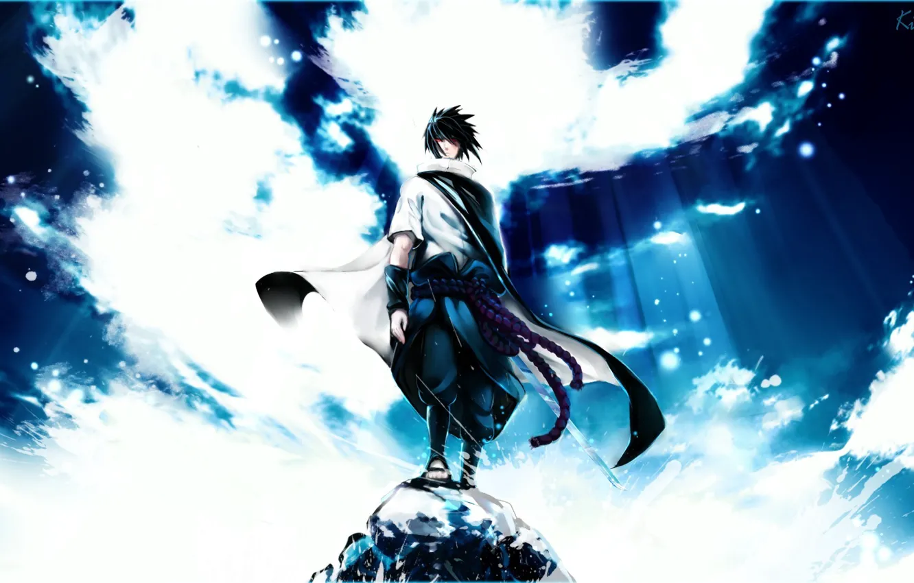 Photo wallpaper the sky, clouds, rays, stone, katana, naruto, Naruto, Sasuke