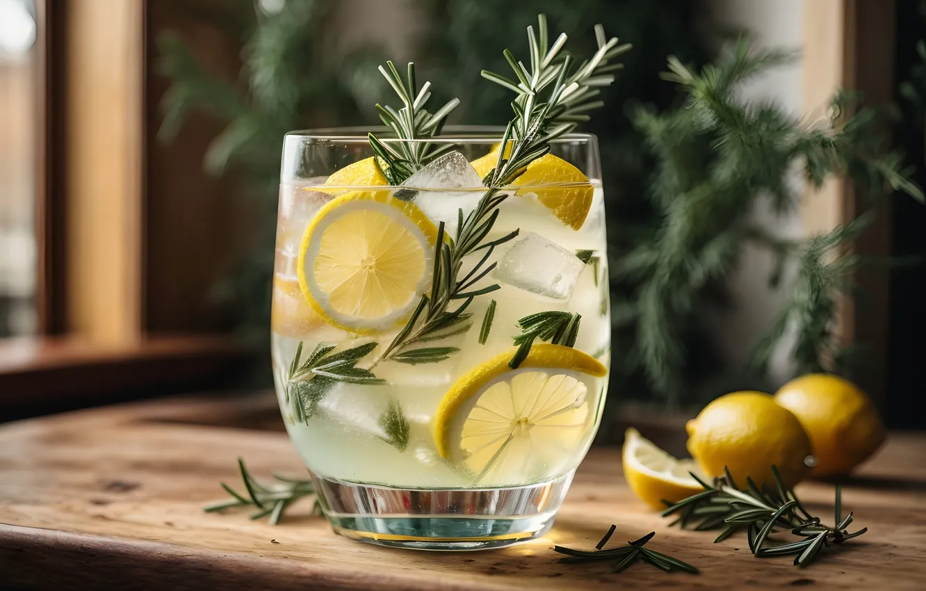 Photo wallpaper still life, lemon, rosemary, glass, lemonade
