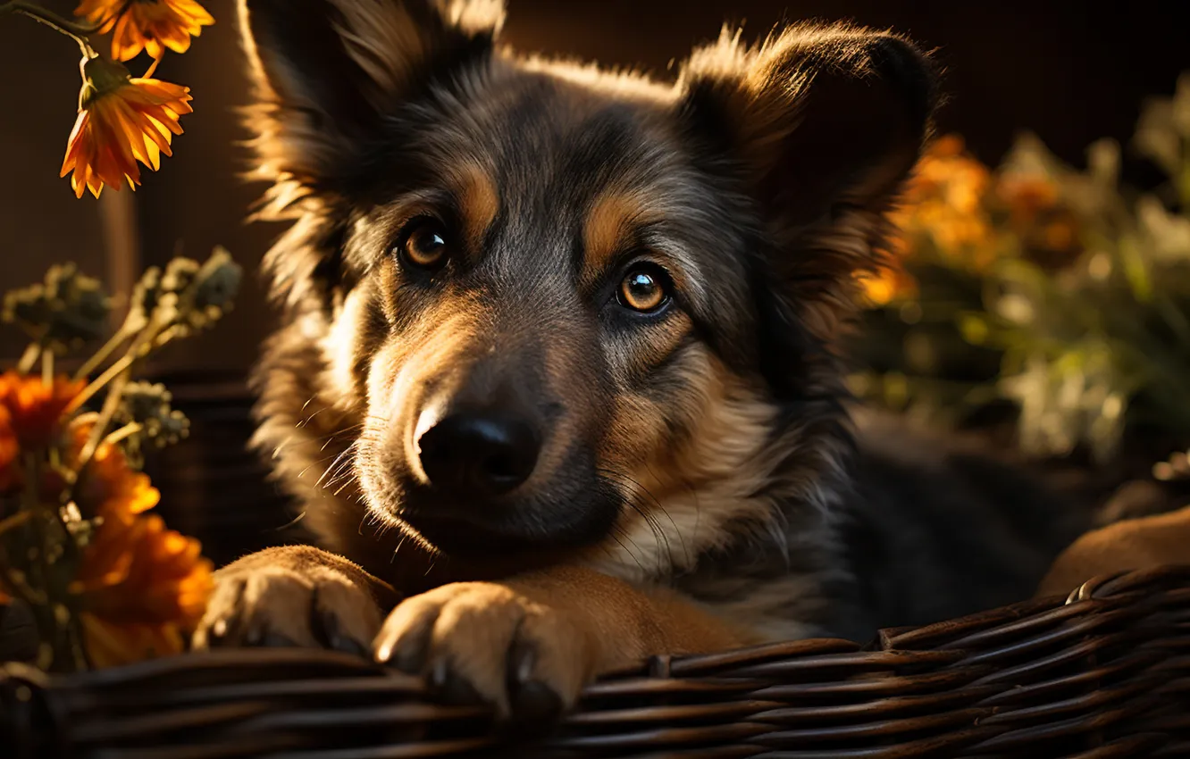 Photo wallpaper look, dog, puppy, face, front, shepherd, digital art, German shepherd