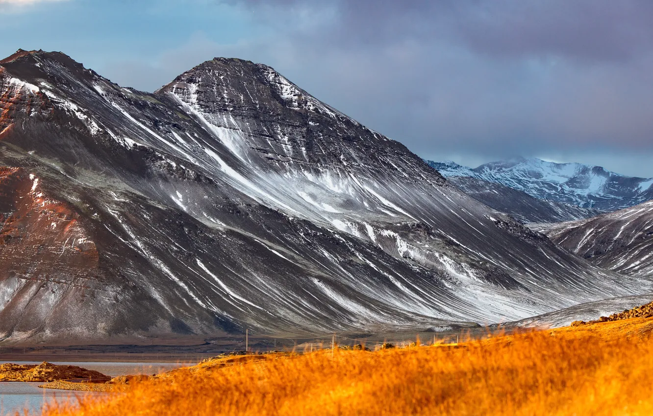 Photo wallpaper grass, snow, landscape, mountains, nature, slope
