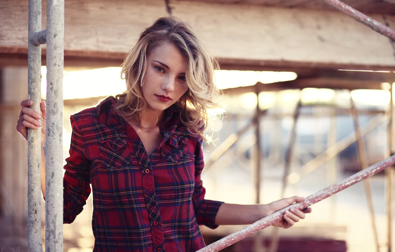 Photo wallpaper girl, woman, model, blonde, female, flannel, Rachel Yampolsky, Construction SIte