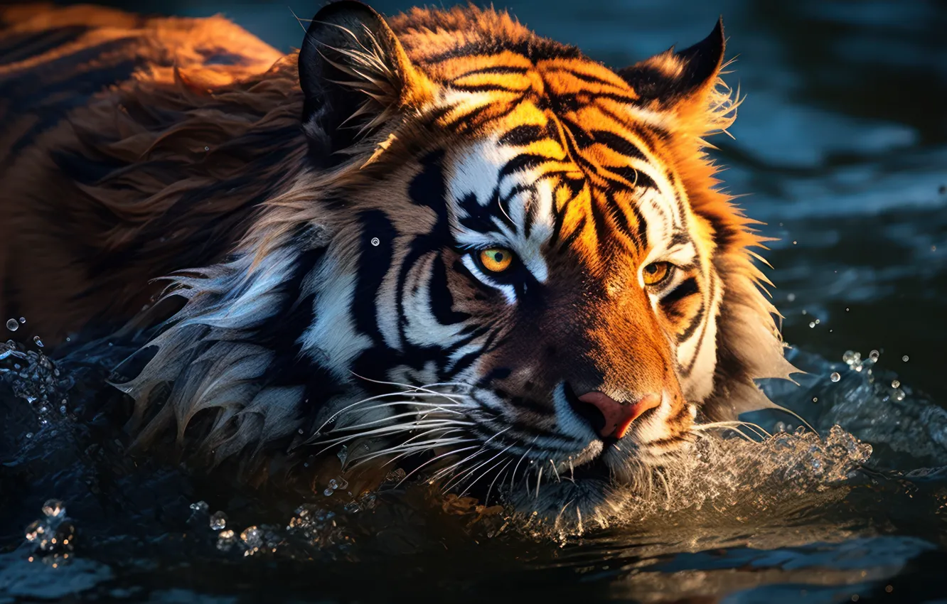 Photo wallpaper look, face, water, tiger, predator, big cat, digital art, AI art