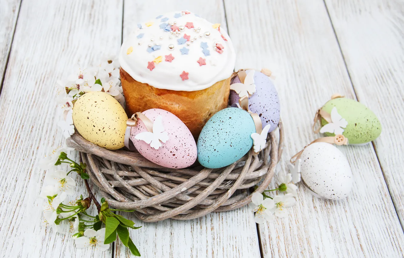 Photo wallpaper flowers, eggs, spring, colorful, Easter, cake, cake, wood
