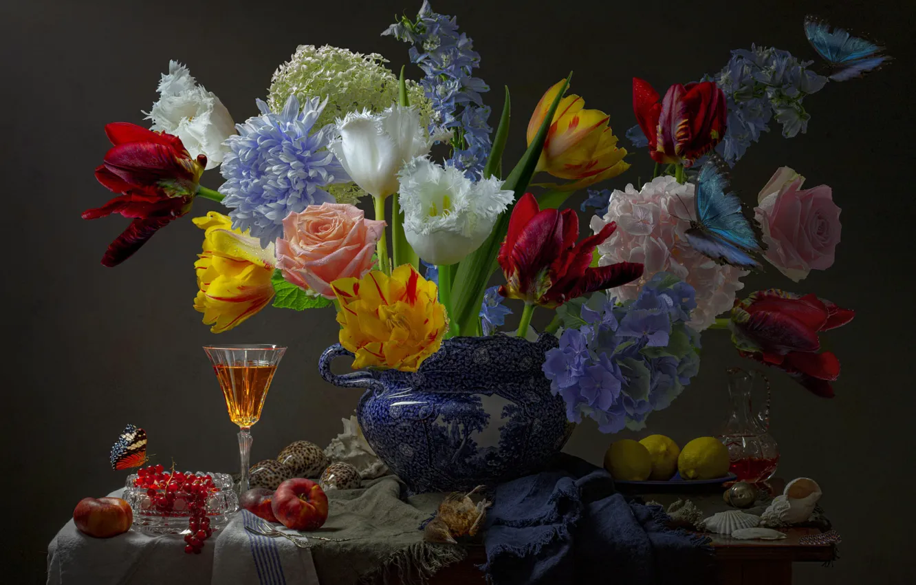 Photo wallpaper flowers, wine, lemon, bouquet, still life, peaches, glass