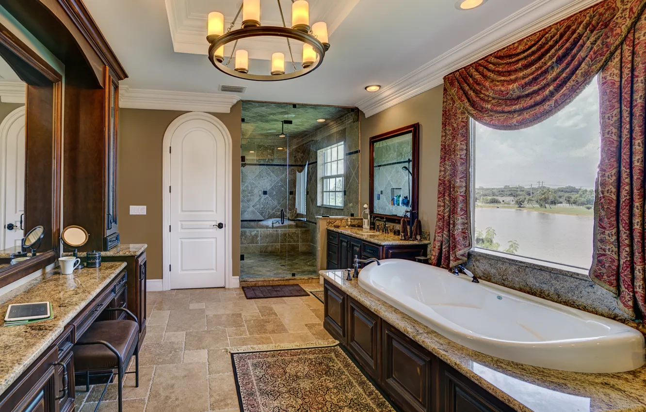 Photo wallpaper design, style, shower, bath, curtains, bathroom