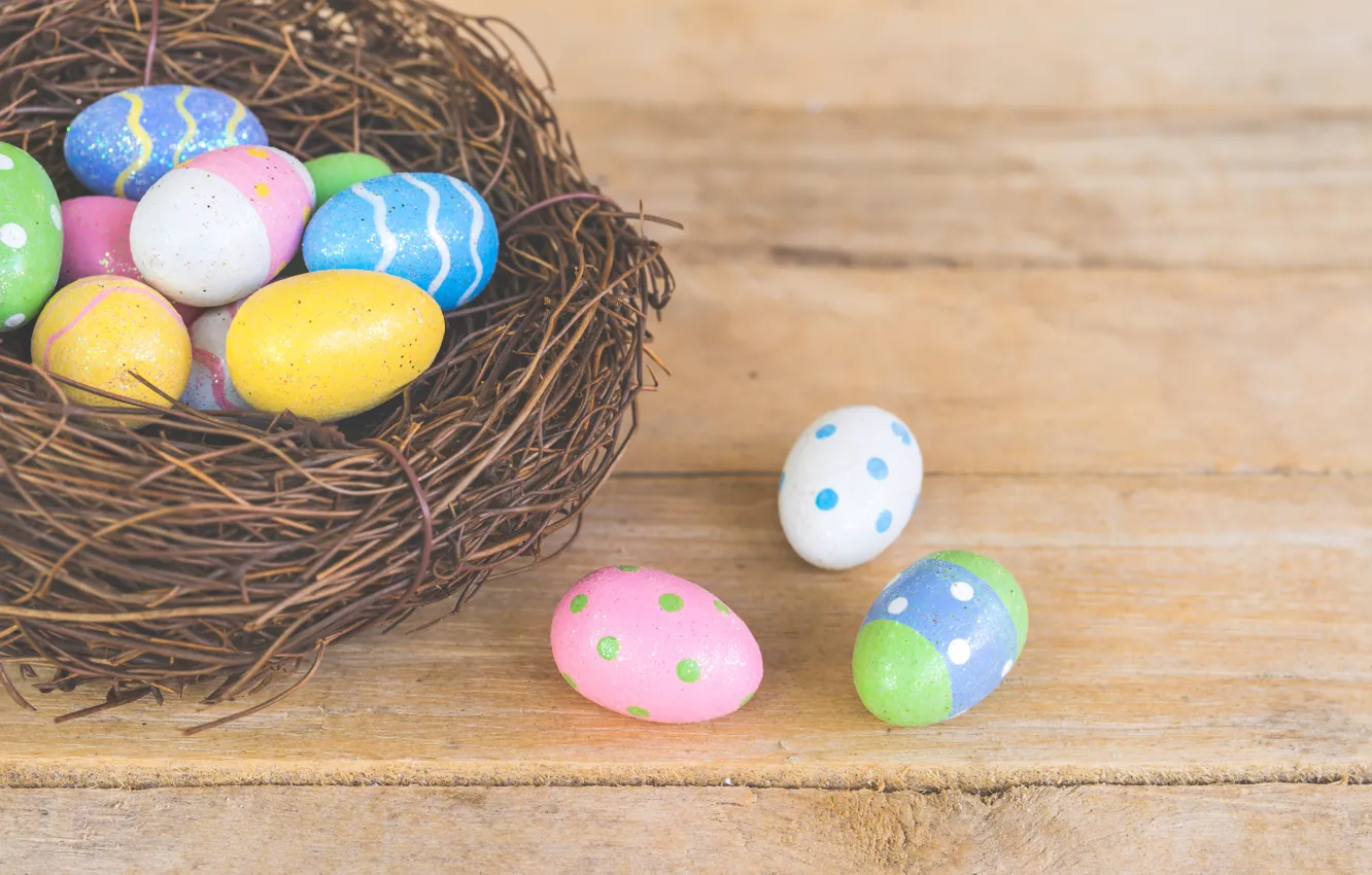 Photo wallpaper eggs, spring, colorful, Easter, wood, spring, Easter, eggs
