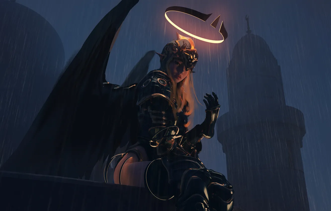 Photo wallpaper rain, armor, night, wings, women, digital art, artwork, fantasy art