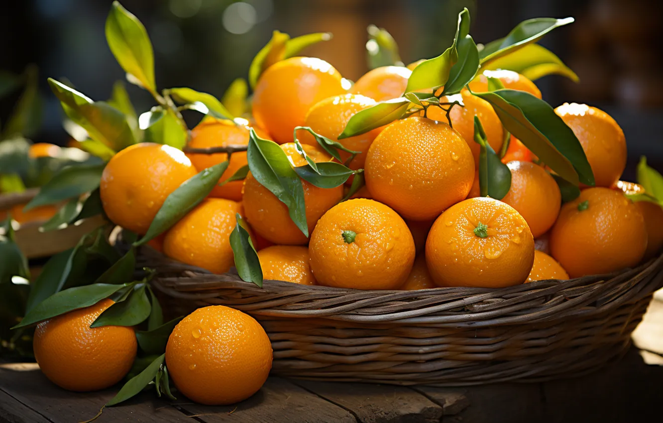 Photo wallpaper drops, branches, orange, harvest, fruit, basket, a lot, AI art