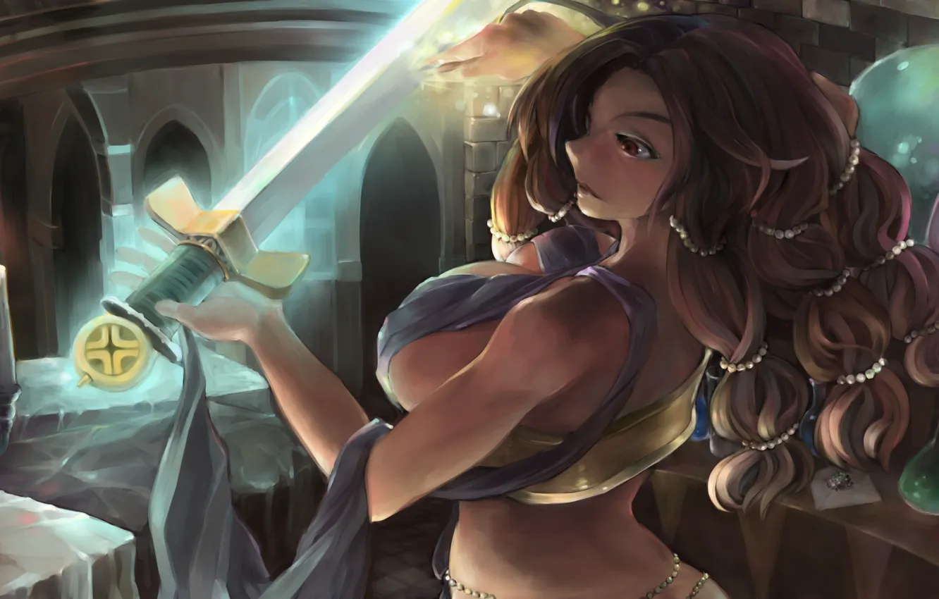 Photo wallpaper chest, girl, weapons, sword, candles, art, Morgan, Dragon's Crown