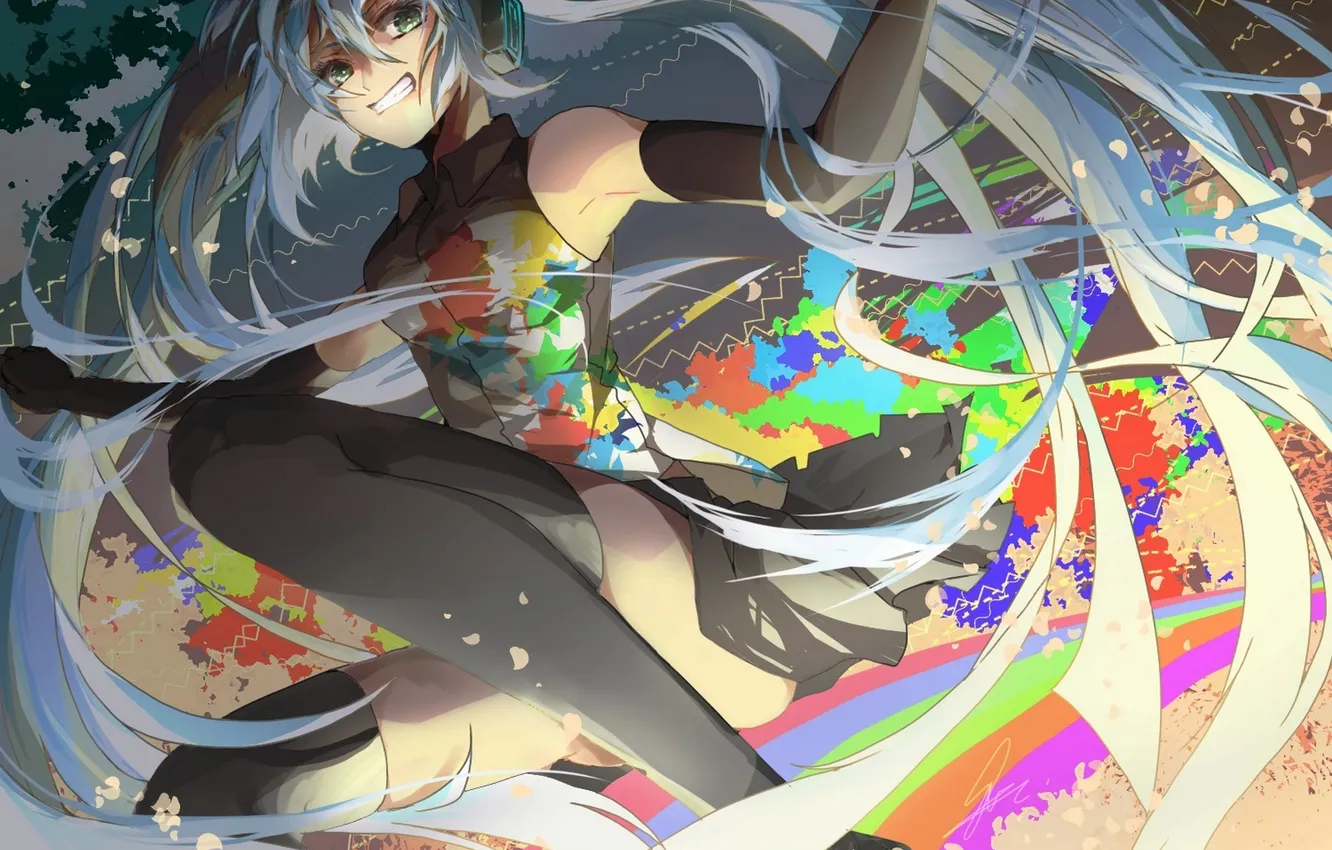 Photo wallpaper girl, anime, headphones, art, vocaloid, hatsune miku, tell your world, saihate