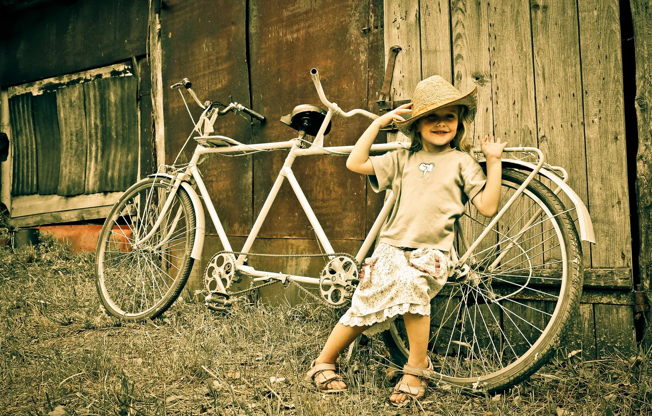 Photo wallpaper bike, smile, hat, girl