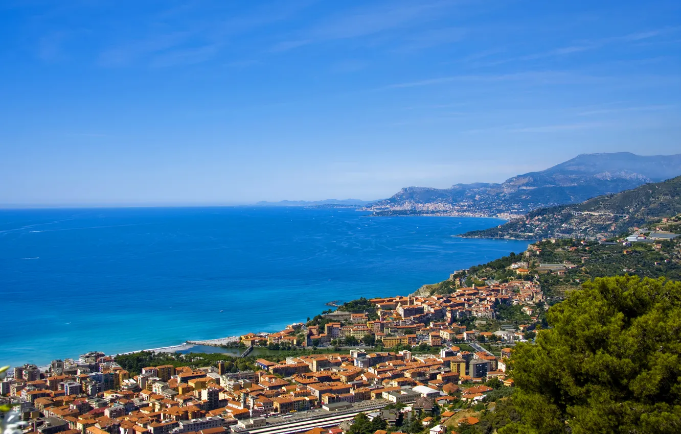 Photo wallpaper sea, mountains, coast, France, home, horizon, Cannes
