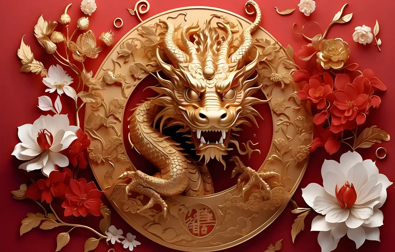 Photo wallpaper dragon, new year, colorful, golden, gold, symbol, Chinese, New Year