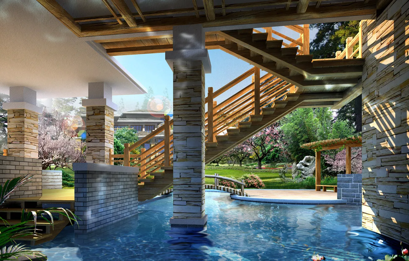 Photo wallpaper stone, wood, water, decoration, pond, stairs, columns
