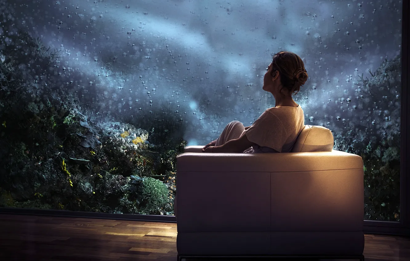 Photo wallpaper girl, aquarium, chair