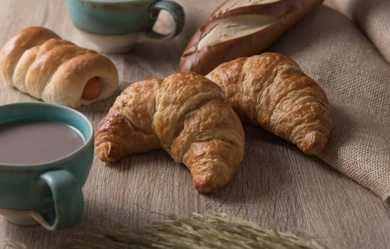 Photo wallpaper Breakfast, food, cocoa, croissant, buns