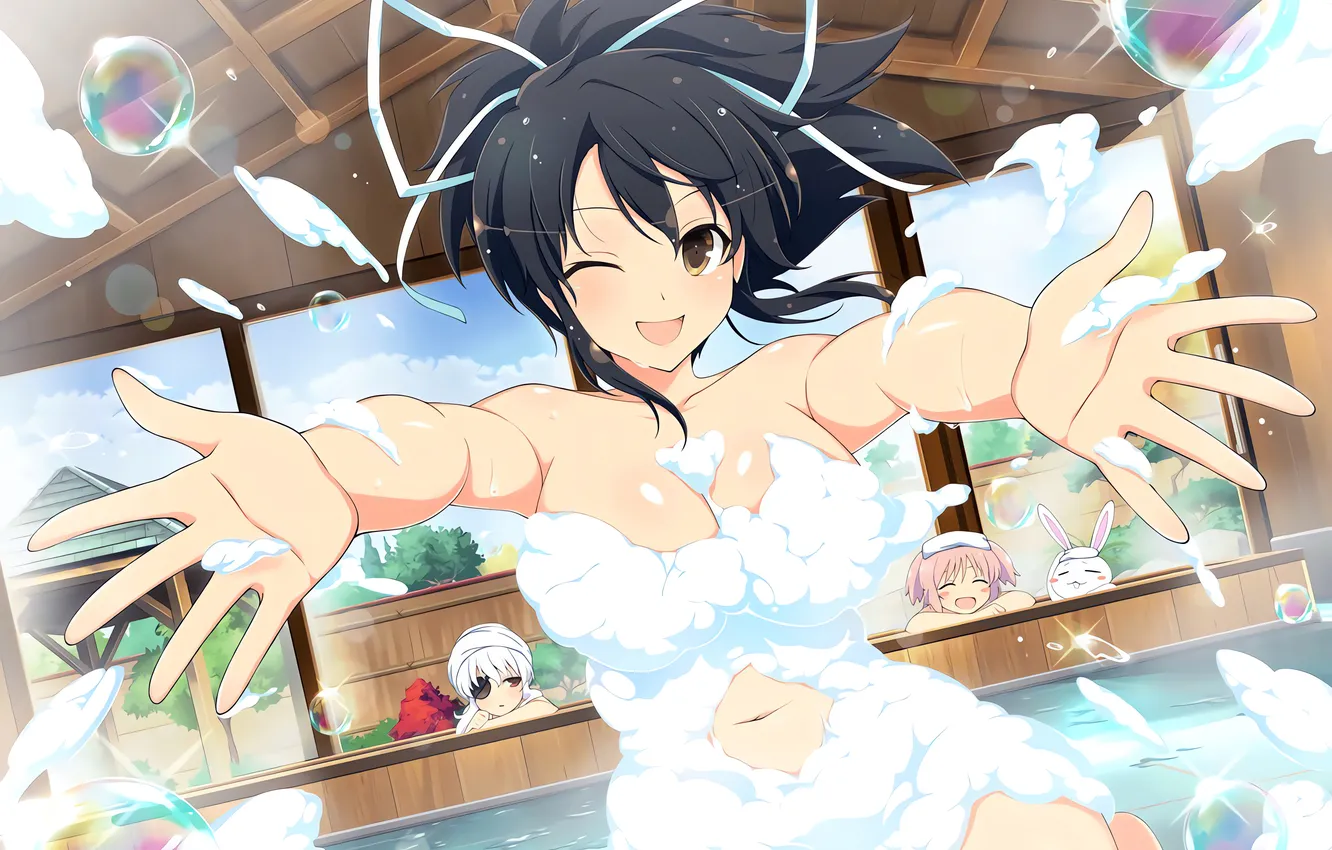 Photo wallpaper sexy, wet, pink hair, girls, brown eyes, boobs, rabbit, anime