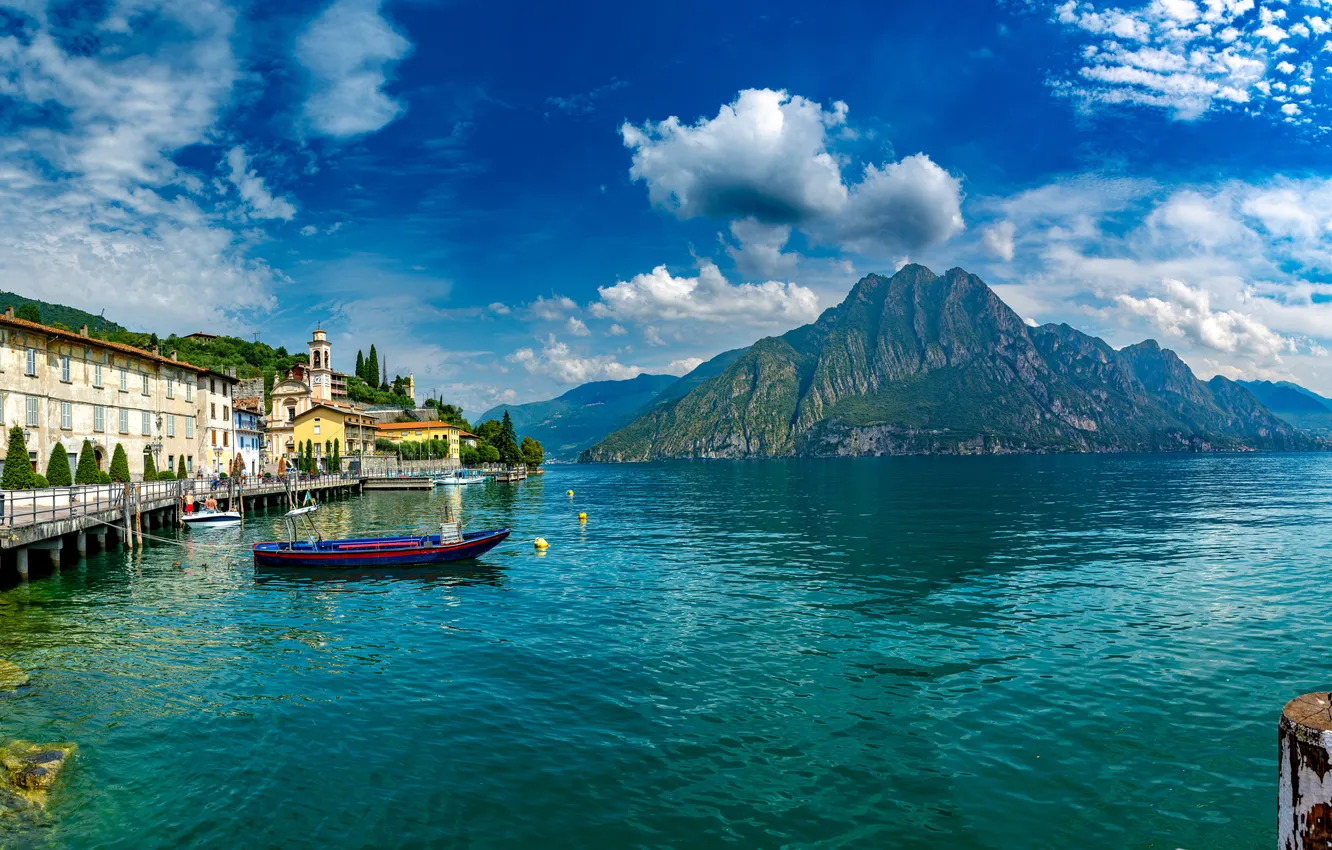 Photo wallpaper clouds, mountains, lake, boat, home, Italy, Lago d'iseo