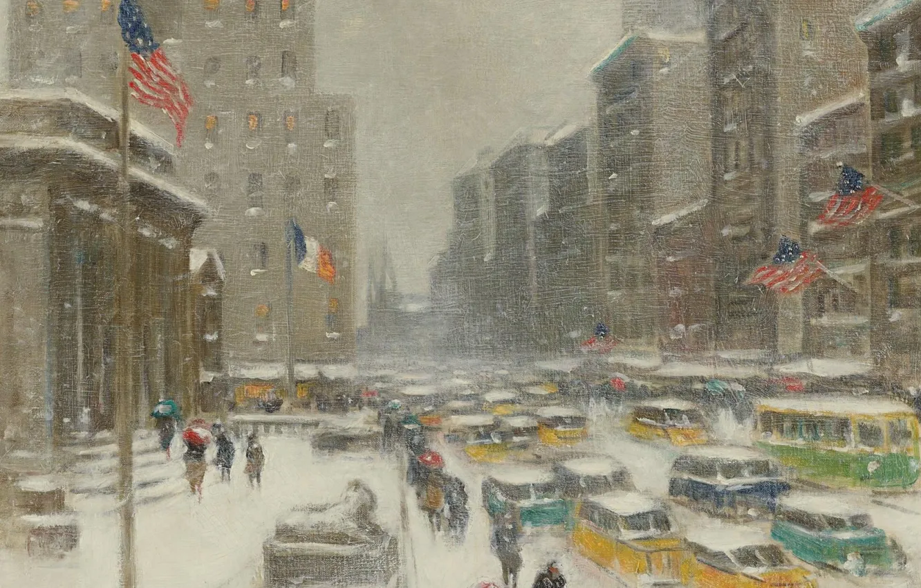 Photo wallpaper picture, the urban landscape, Guy Carleton Wiggins, 5th Avenue in Winter, Guy Wiggins