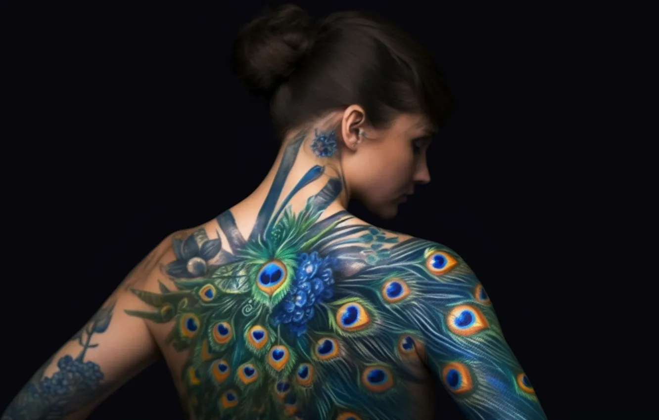 Photo wallpaper girl, AI art, painting, body art, peacock feathers