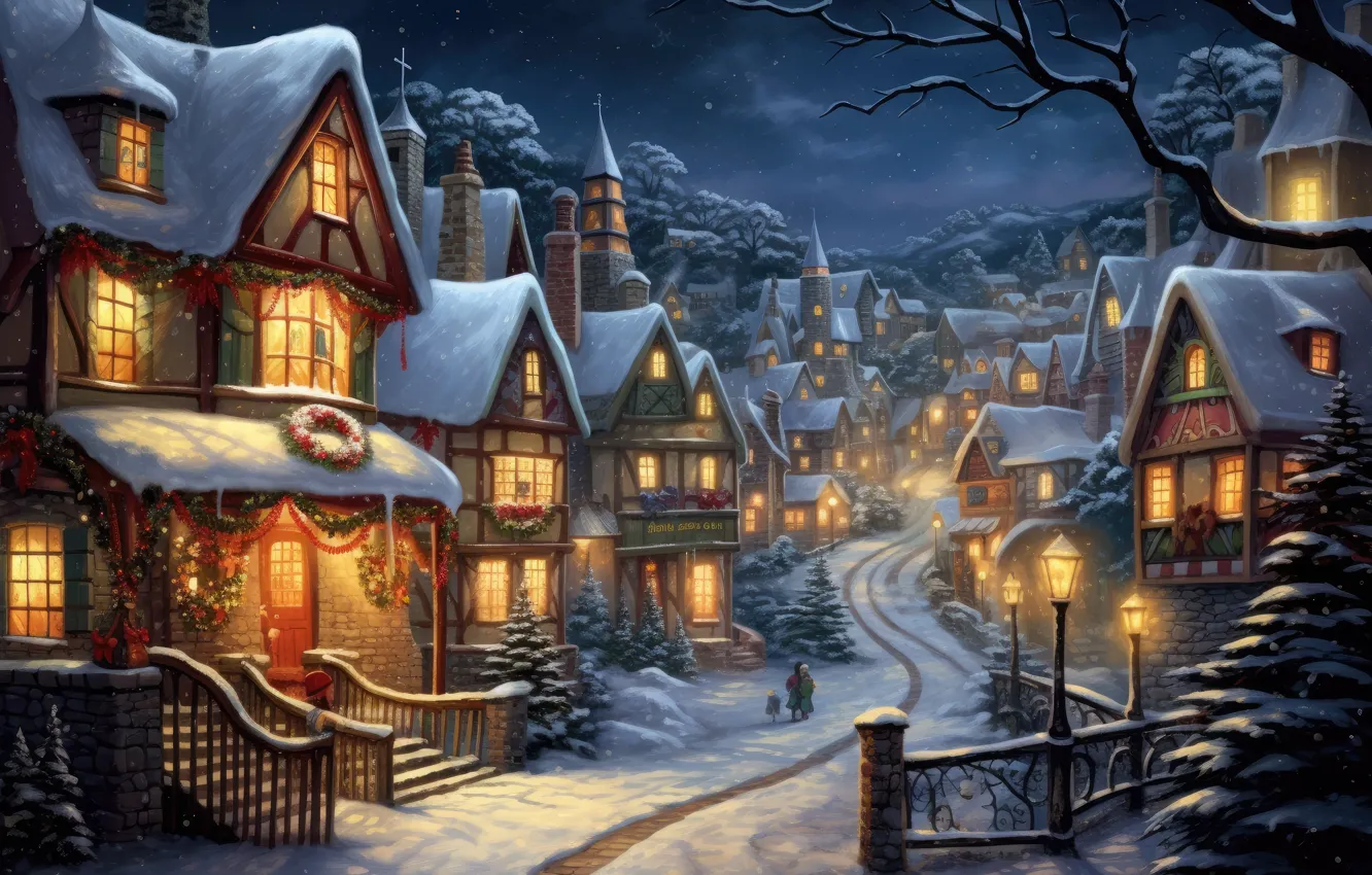 Photo wallpaper winter, snow, the city, house, building, home, Christmas, New year