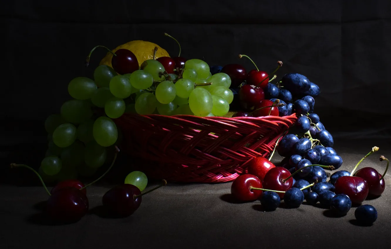 Photo wallpaper blue, green, the dark background, lemon, grapes, fruit, still life, basket