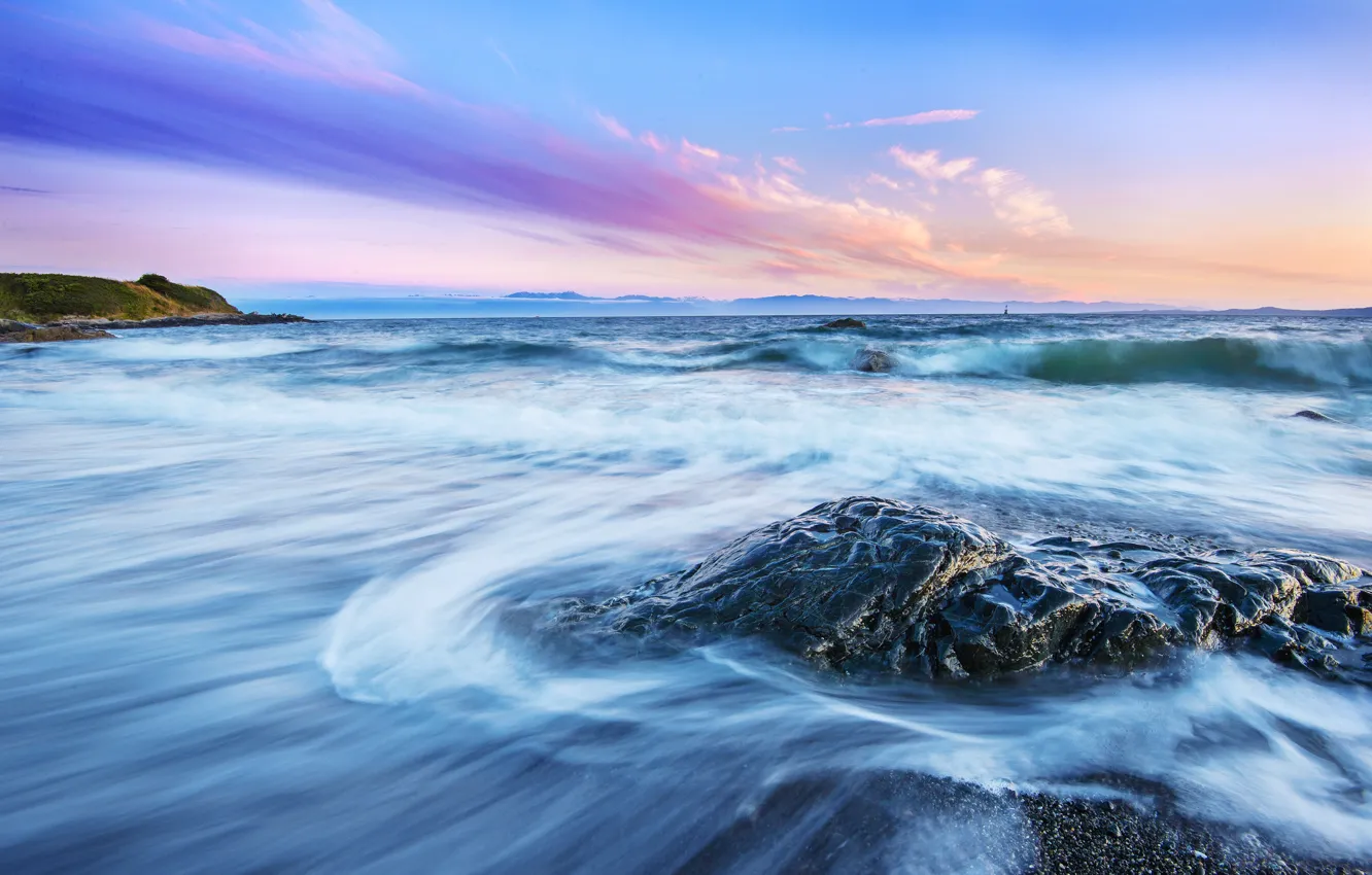 Photo wallpaper sea, wave, beach, stones, dawn