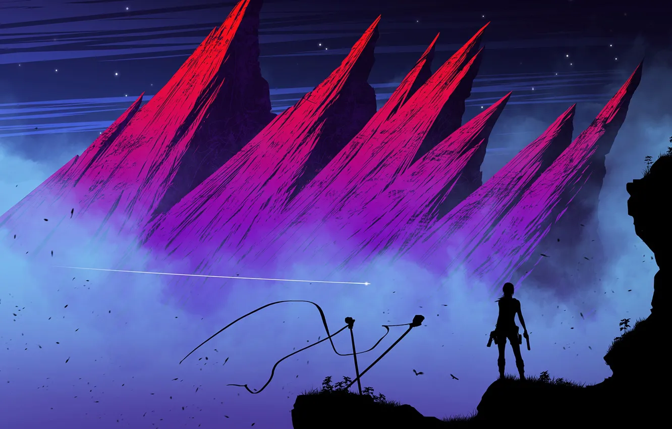 Photo wallpaper girl, landscape, mountains, rocks, silhouette, art, Tomb Raider, Lara Croft