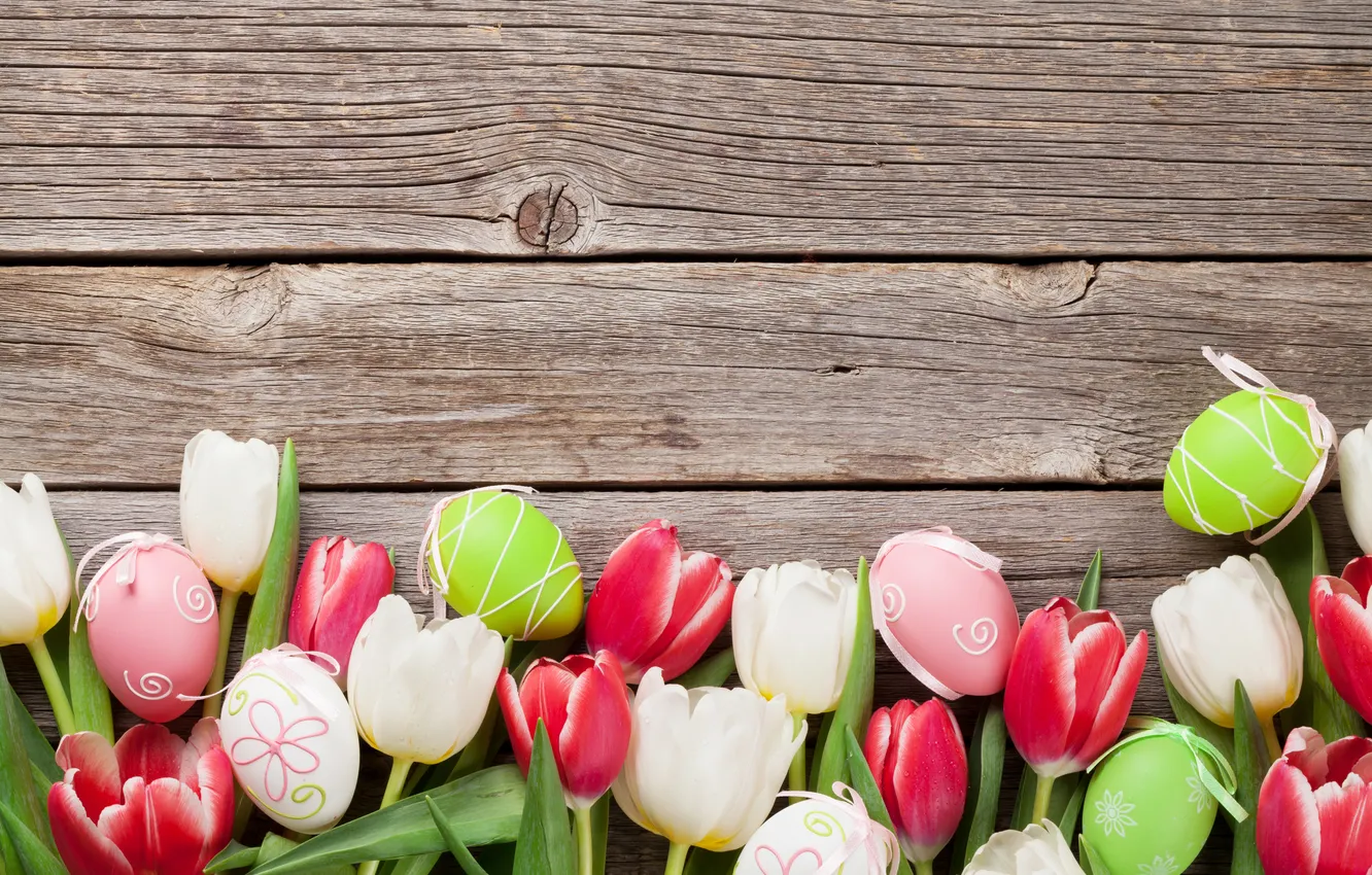 Photo wallpaper flowers, eggs, spring, colorful, Easter, tulips, red, wood