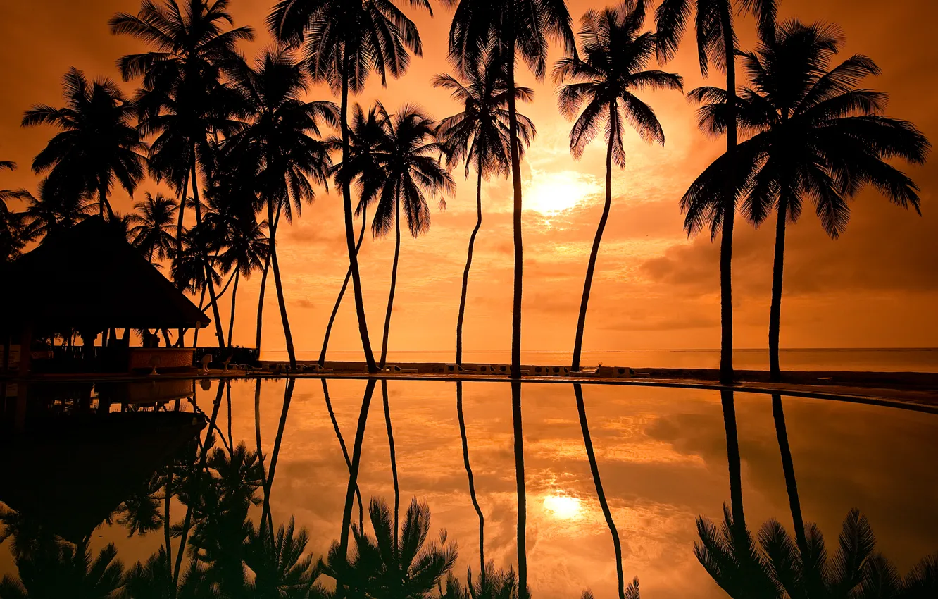 Photo wallpaper the sky, the sun, sunset, palm trees, the evening, house, Bungalow, Hawaii