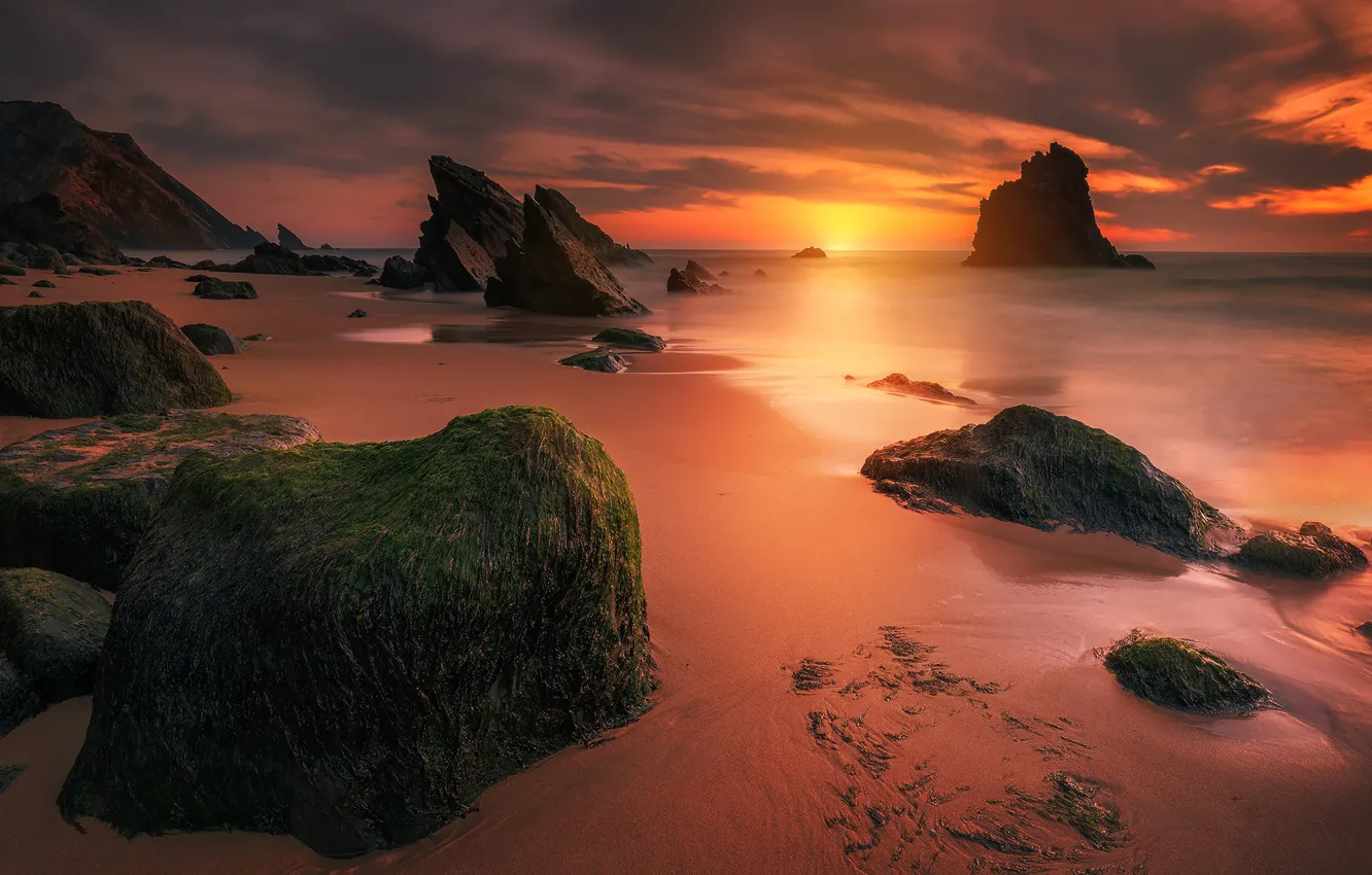 Photo wallpaper sea, sunset, rocks, the evening