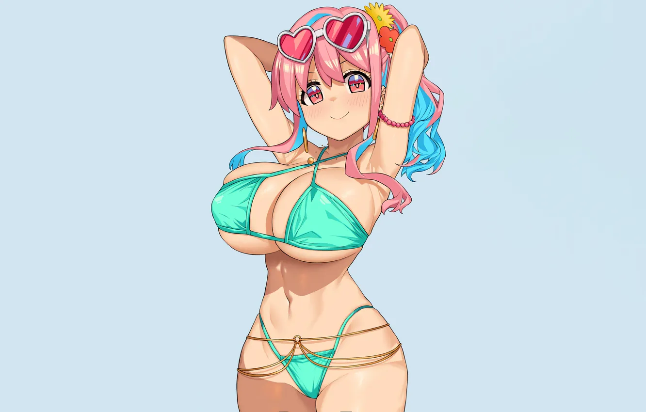 Photo wallpaper girl, sexy, cleavage, pink hair, long hair, boobs, sexy girl, anime